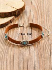 1個棕色波希米亞風格復古麂皮頸圈項鍊,帶有破舊銀色金屬花鑲板和西部牛仔天然綠松石水晶,非常適合旅行和日常佩戴 - 棕色 - 查看 4