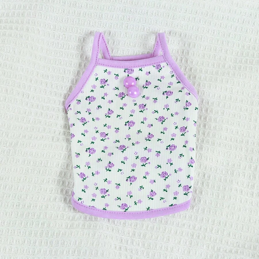1 件針織布料鄉村風格花卉印花薄背心適合中小型狗或貓,適合泰迪、比雄犬、雪納瑞服裝、寵物服裝 - 紫色 - 查看 1