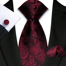 3pcs/Set Paisley Pattern Chestnut Blossom Polyester Tie With Pocket Square And Cufflinks, Groom Wedding Suit Necktie Work - Cashew Pattern - View 9