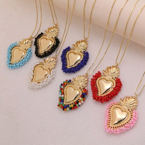 1 pezzo Collana con ciondolo a forma di cuore fatto a mano in stile oversize, con perline dorate lucide, adatto per coppie, vacanze, appuntamenti e feste di San Valentino, mamma, madre, festa della mamma, regalo