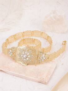 1 件优雅花形合金腰带，摩洛哥阿拉伯新娘婚纱身体链配饰，复古女士派对腰饰，长度可调，闪亮金色 - 腰鏈 - 查看 9