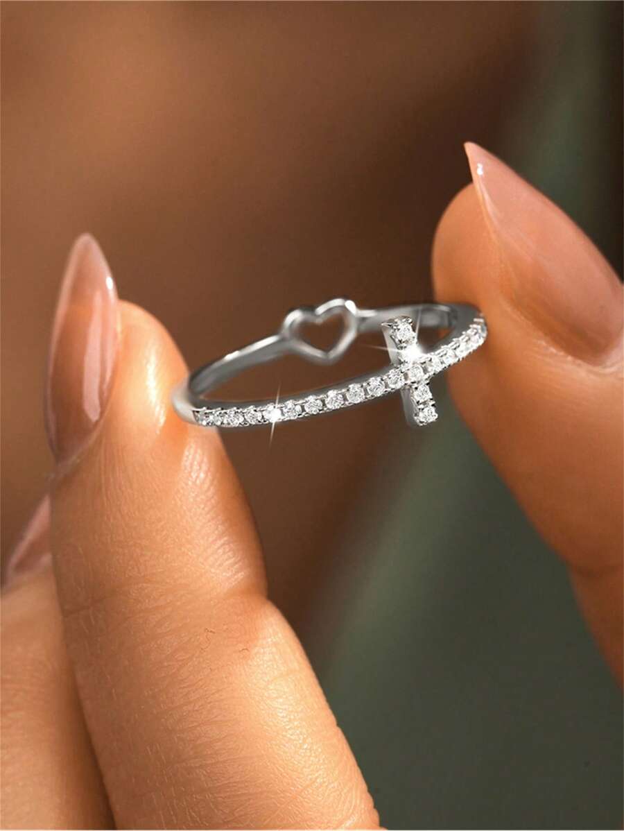 1枚925純銀小巧十字心形承諾戒指,18k鍍金拇指戒指,適合女性、母親、父親、女兒、摯愛的人、母親節、慰問、紀念珠寶禮物