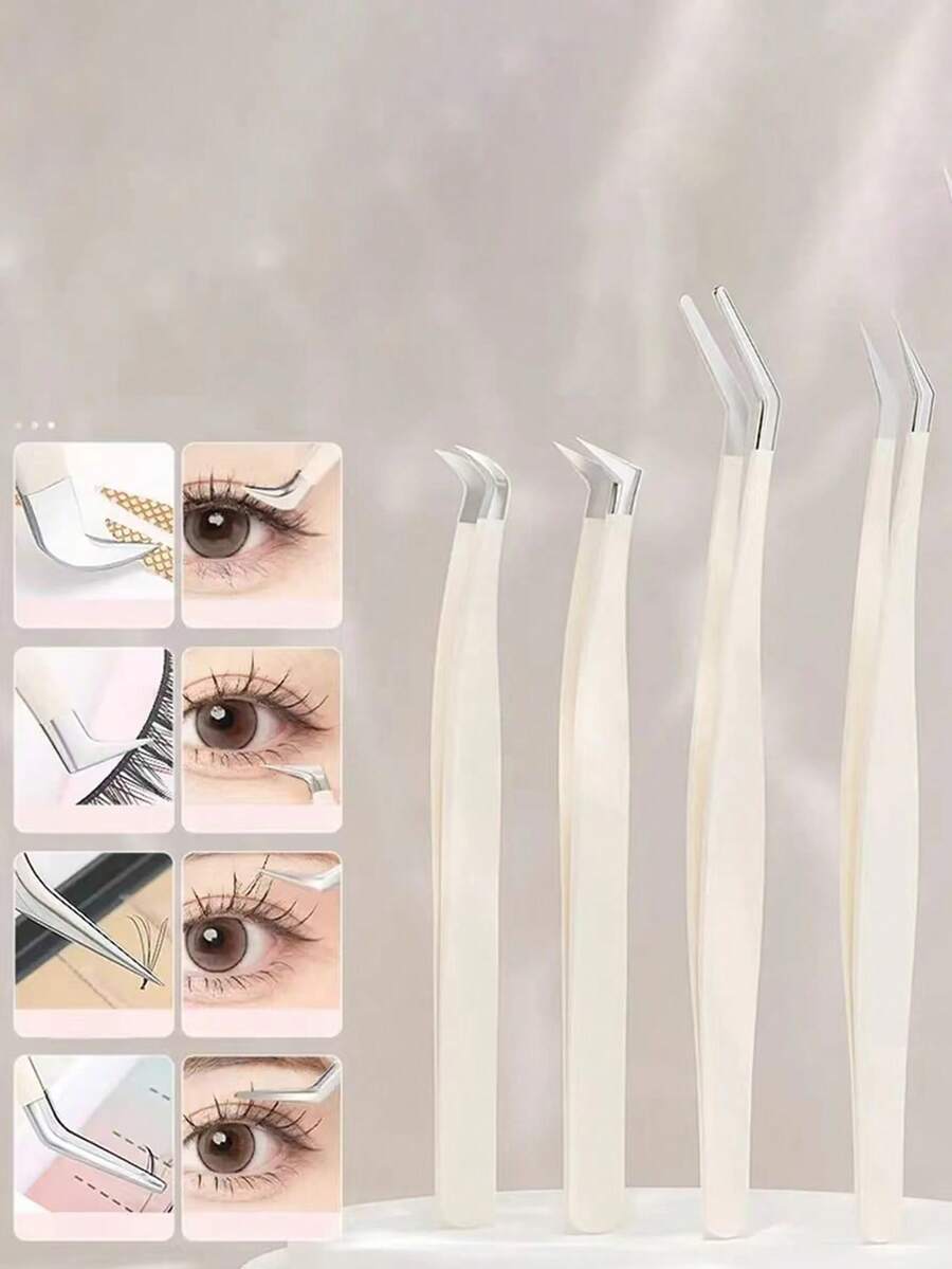 4pcs Professional Anti-Static Tweezers For Curling Eyelash Extension, False Eyelash, Mascara, Eyebrow & Hair Clips - White - View 1