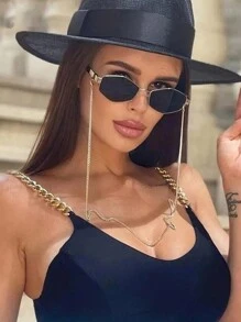 1pc Fashion Women Geometric Frame Fashion Glasses With Metallic Chain, Outdoor Eyewear Beach Accessories For Women Glasses Shades Basics Fall Winter Women Outfits Clothes Business Casual Gifts Chain For Summer Beach Vacation,Outdoor,Travel - Multicolor - View 3