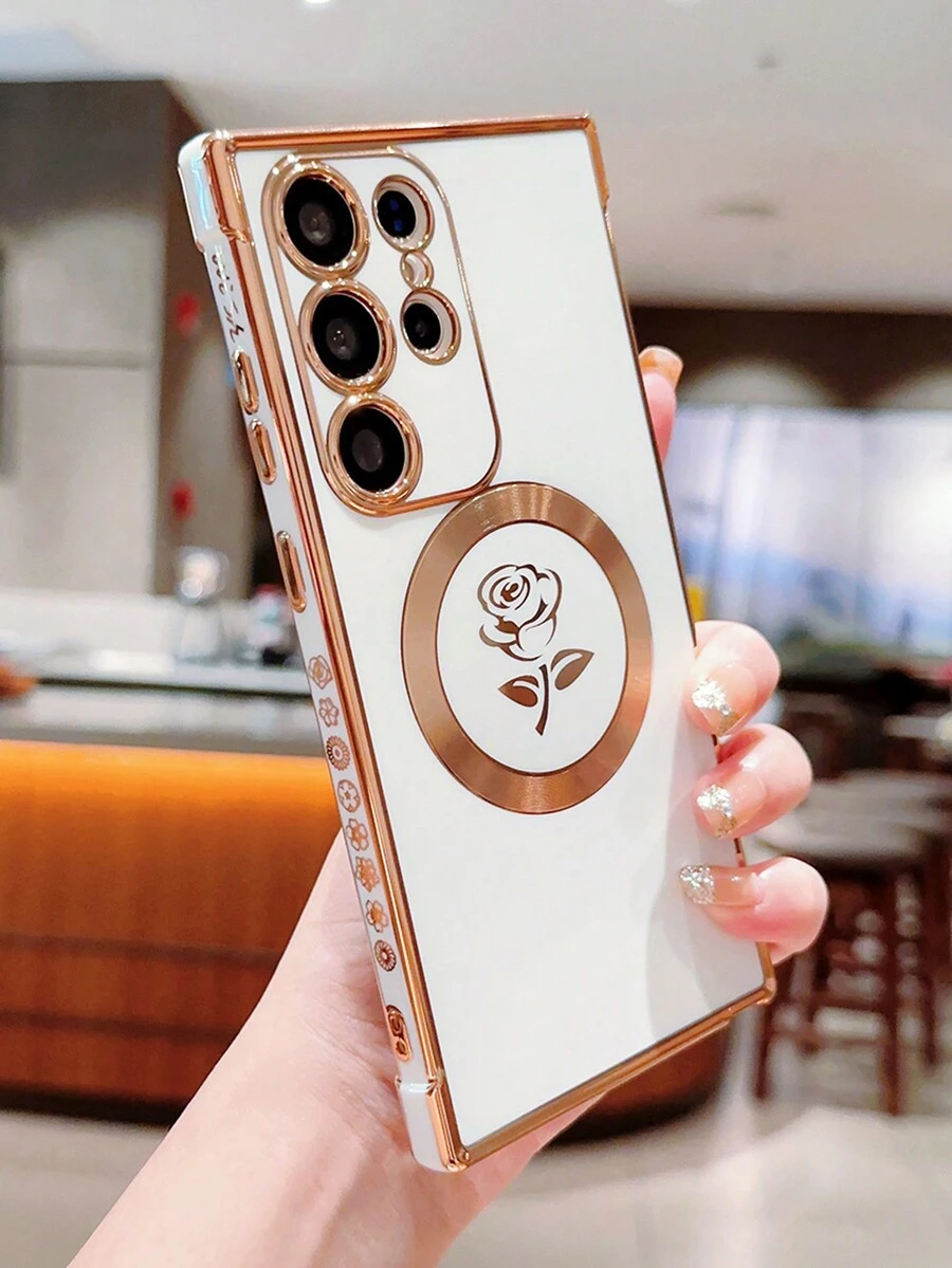 玫瑰花電鍍邊框磁環手機殼,光澤,防震防刮,相容於 Iphone 15/15pro/15plus/15promax/三星 Galaxy S24 Ultra S24 Plus S24