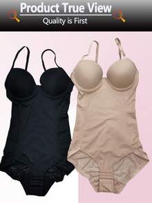 1pc Lace Trim Bodysuit Postpartum Shapewear With Built-In Bra Tummy Control - Beige - View 6