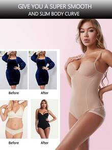 1pc Lace Trim Bodysuit Postpartum Shapewear With Built-In Bra Tummy Control - Beige - View 8