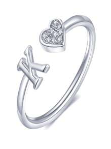 1 件装小心心 A-Z 字母戒指可调节开口戒指首字母名字字母女性派对珠宝情人节 - 銀色 - 查看 16