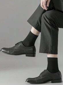 5 Pairs Black Basic Solid Color Thin Mid-Calf Socks For Men, Spring And Summer
