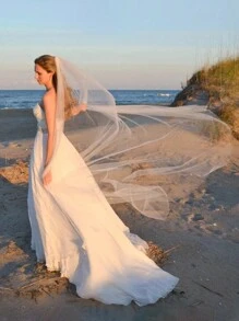 1pc新娘头纱软网两米单层影楼拍摄长款简约裸纱轻纱万圣节 - 白色 - 查看 1