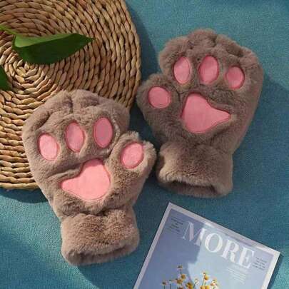 1 Pieza Guantes Sin Dedos Con Diseño Lindo De Gato De Dibujos Animados Con Detalle De Pata De Oso De Peluche Para Niñas, Invierno