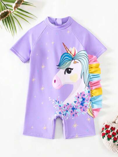 مايوه كتف عارضة للفتاة الصغيرة بأكمام قصيرة مطبوعة بوني الكرتوني الجذاب