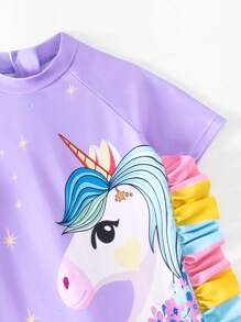 Young Girl Cute Cartoon Unicorn Printed Off-Shoulder Short Sleeve Swimsuit