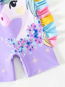 Young Girl Cute Cartoon Unicorn Printed Off-Shoulder Short Sleeve Swimsuit