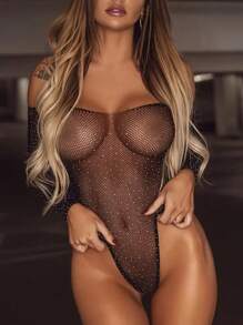 Body sexy con hombros descubiertos y rhinestones - Negro - Ver 1