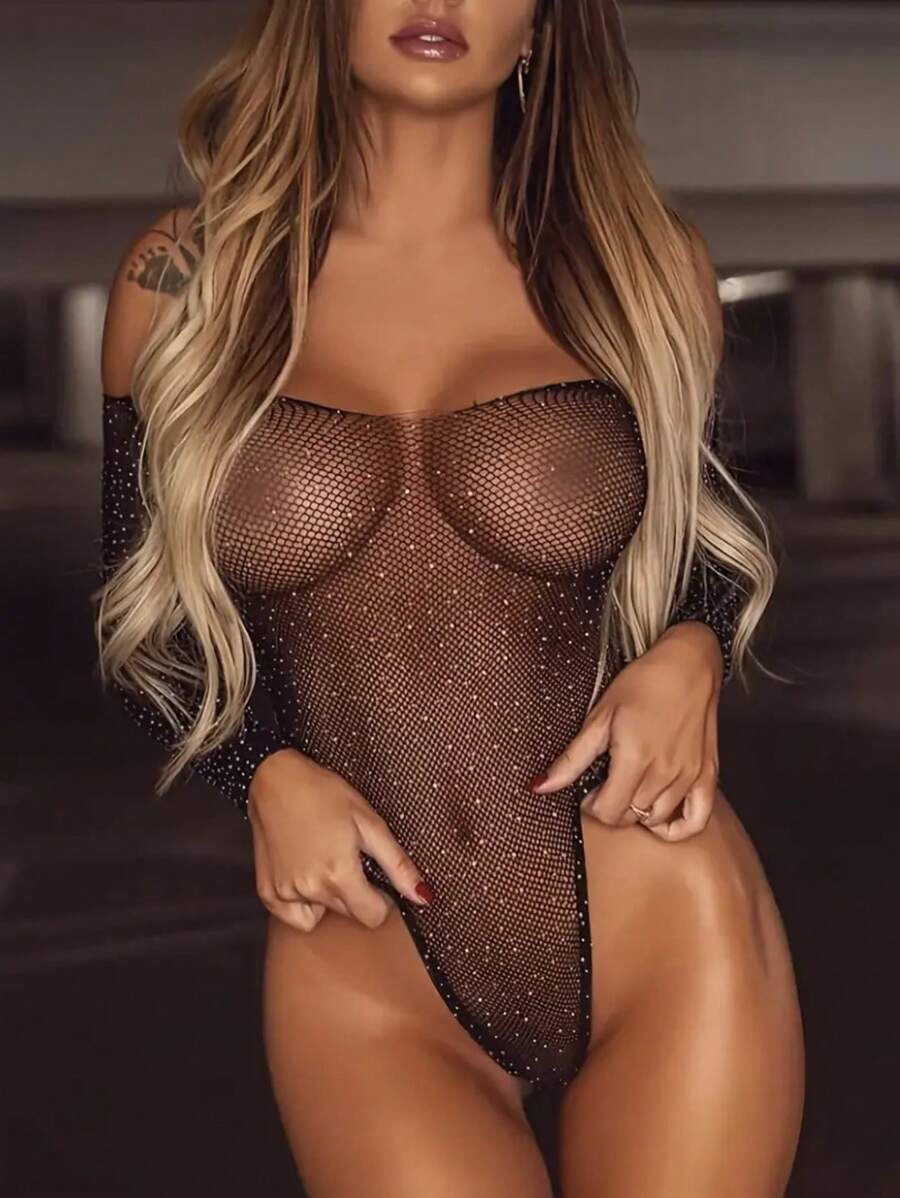 Body sexy con hombros descubiertos y rhinestones - Negro - Ver 1