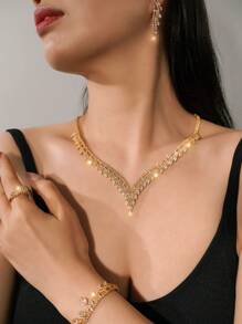 5pcs/Set /European/American Style Jewelry Set Including Zirconia Encrusted Necklaces, Earrings, Rings And Bracelets Suitable For Women's Wedding, Birthday, Holiday Or Party Wear - Gold - View 7