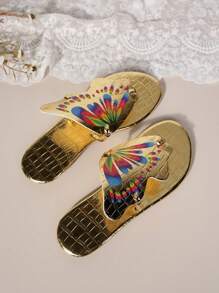 2024 Thiết kế mới Của phụ nữ Bằng phẳng Dép tông Với In bướm - Vàng - Xem 7