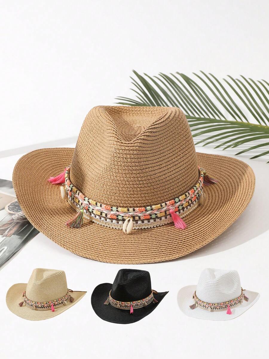 Boho 1入組女士流蘇和貝殼裝飾草帽，適用於戶外旅行 - 米色 - 查看 1