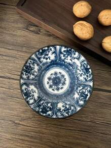 1 pièce Assiette à fruits vintage en céramique, assiette à gâteau et dessert bleu et blanc sur pieds hauts pour le salon, plat à collation en tant que cadeau de Noël souvenir