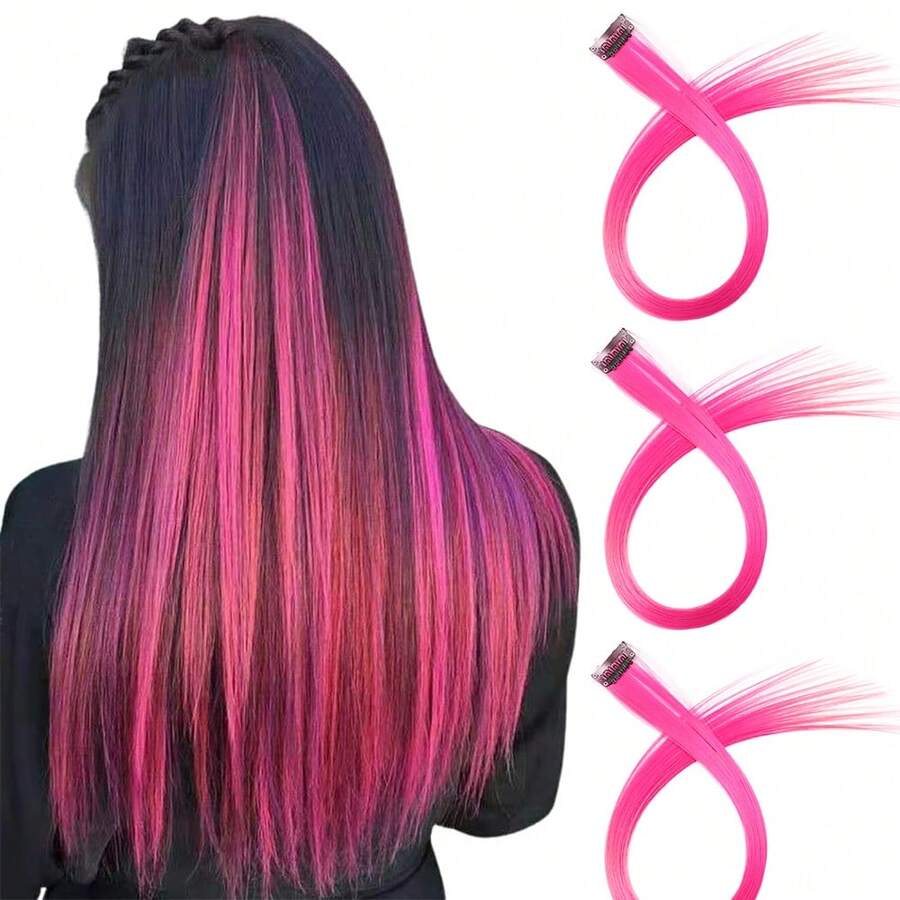 1 Pc Pink Hair Extensions Clip In For Girls, 24 Inch Long Streak Straight Ins Heat Resistant Colored Synthetic, Using For Halloween Costume Party Play Highlights