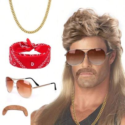 80、90年代复古鲻鱼头假发，男士金色耐热合成假发，含太阳镜、项链、头巾等配件，适合狂欢节、派对、日常派对、摇滚、重金属等80年代风格。