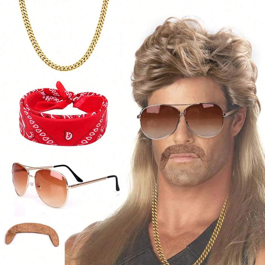 80、90年代复古鲻鱼头假发，男士金色耐热合成假发，含太阳镜、项链、头巾等配件，适合狂欢节、派对、日常派对、摇滚、重金属等80年代风格。 - 金色 - 查看 1