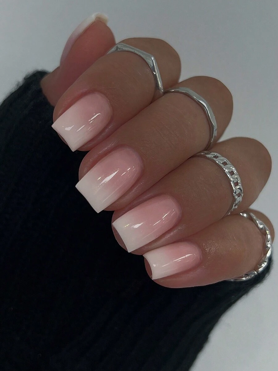 24pcs/Set Short Square White Ombre Nail Stickers, Includes 1pc Jelly Gel And 1pc Nail File, Suitable For Women And Girls Daily Party Manicure Supplies - Multicolor - View 1