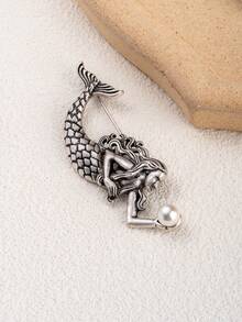 復古風格人魚精靈形狀珍珠和金屬裝飾胸針,適用於女性 - 彩色 - 查看 2