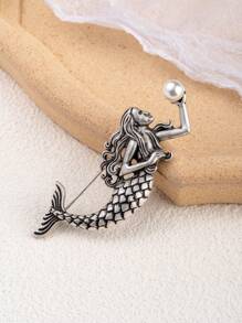 復古風格人魚精靈形狀珍珠和金屬裝飾胸針,適用於女性 - 彩色 - 查看 3