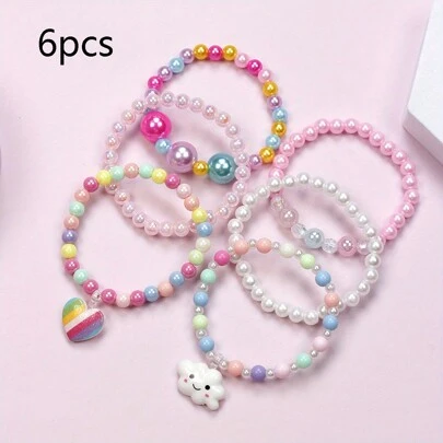 6 件套多色串珠手链套装、派对礼品配件云朵爱心吊坠套装、礼品袋填充物、课堂奖品、生日礼物、复活节礼物、圣诞节