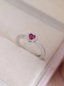 CVNANA 1 件可爱锆石心形银色戒指，情人节礼物，无包装盒，妈妈，母亲，母亲节，礼物 - 玫紅色 - 查看 4