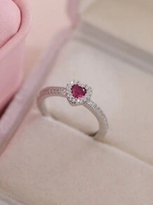 CVNANA 1 件可爱锆石心形银色戒指，情人节礼物，无包装盒，妈妈，母亲，母亲节，礼物 - 玫紅色 - 查看 2