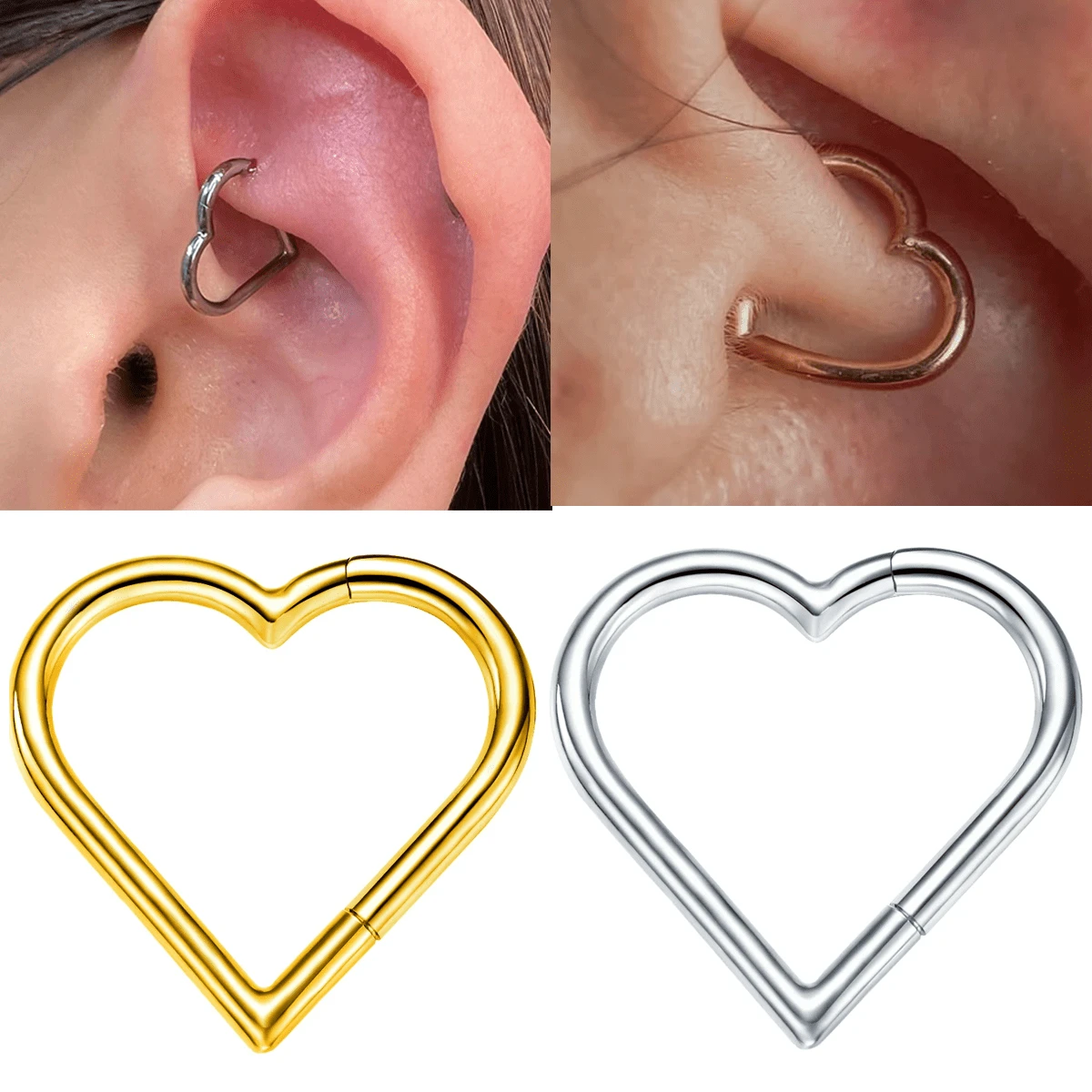 1pc Gold Plated Heart Daith Tragus Piercing Jewelry Stainless Steel Clicker Hoop Rook Cartilage Helix Earrings Nose Ring 16G Hypoallergenic Valentines,Mom,Mother,Mother's Day,Gift