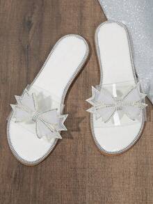 2024 Mùa hè Hàng mới đến Của phụ nữ Dép đi biển Với Pha lê Trang trí Bướm Và Gót phẳng - trắng - Xem 6