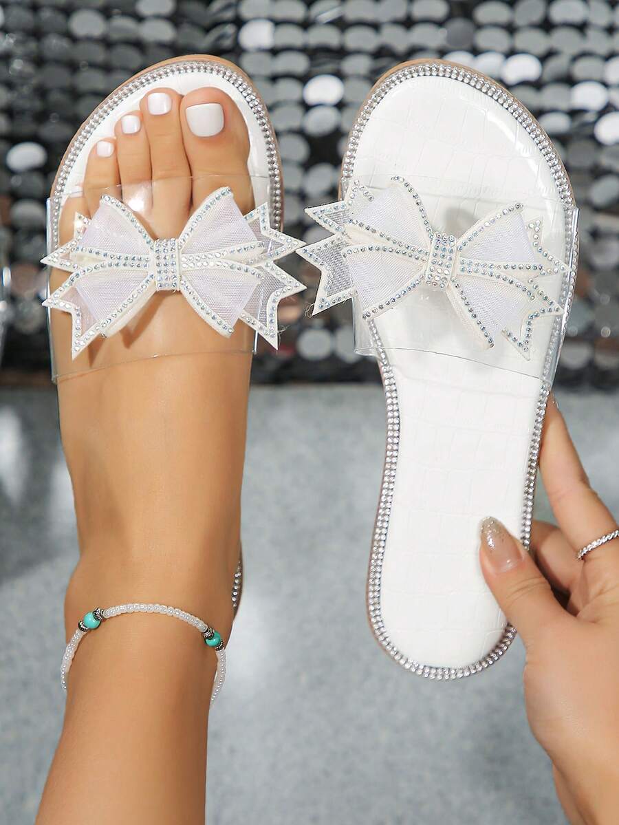 2024 Mùa hè Hàng mới đến Của phụ nữ Dép đi biển Với Pha lê Trang trí Bướm Và Gót phẳng - trắng - Xem 1