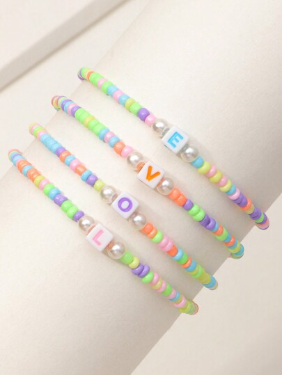 Bộ 4 vòng tay hạt cườm hình chữ LOVE cho bé gái, phụ kiện trang trí hàng ngày.