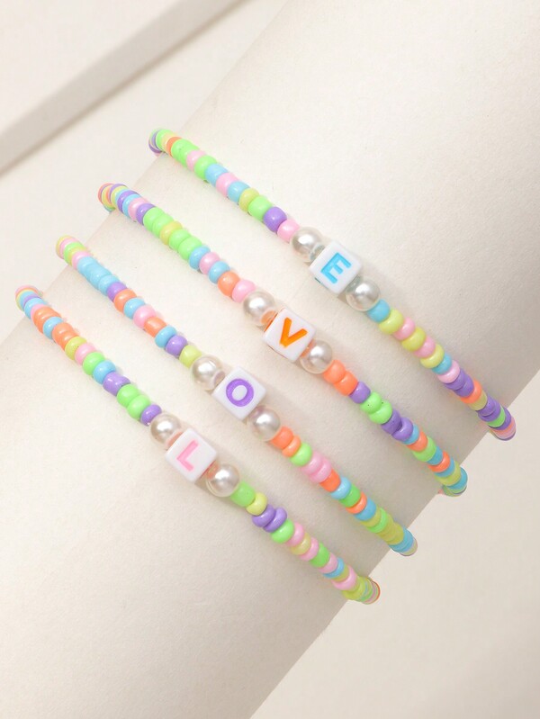 Bộ 4 vòng tay hạt cườm hình chữ LOVE cho bé gái, phụ kiện trang trí hàng ngày.