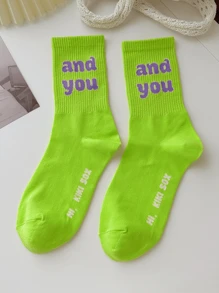 隨機發貨4雙女士荧光綠色色彩字母及微笑臉印花運動風格中筒襪，適合日常穿著 - 彩色 - 查看 6