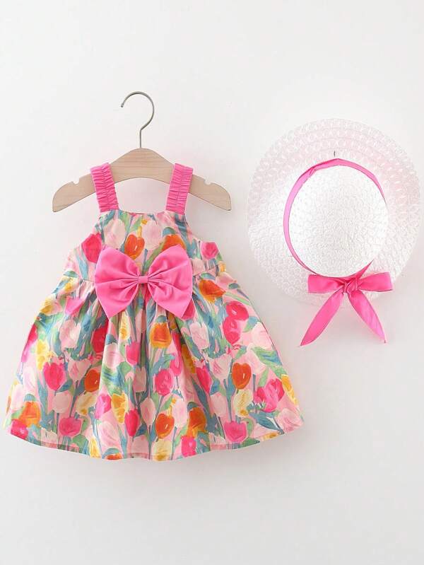 2 piezas/set Nuevo verano vestido de princesa para bebé niña con estampado de flores lindo y lazo con sombrero