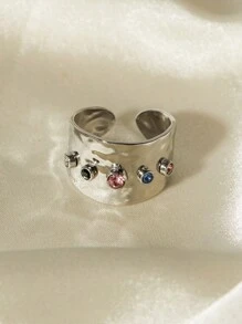 Sparkling Rhinestone Luxury Decorative Stainless Steel Ring - Silver - View 4