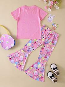 Young Girl Casual Easter Egg & English Letter Print Short Sleeve Lightweight Knitted T-Shirt And Flared Pants Set, Spring/Summer - Pink - View 3