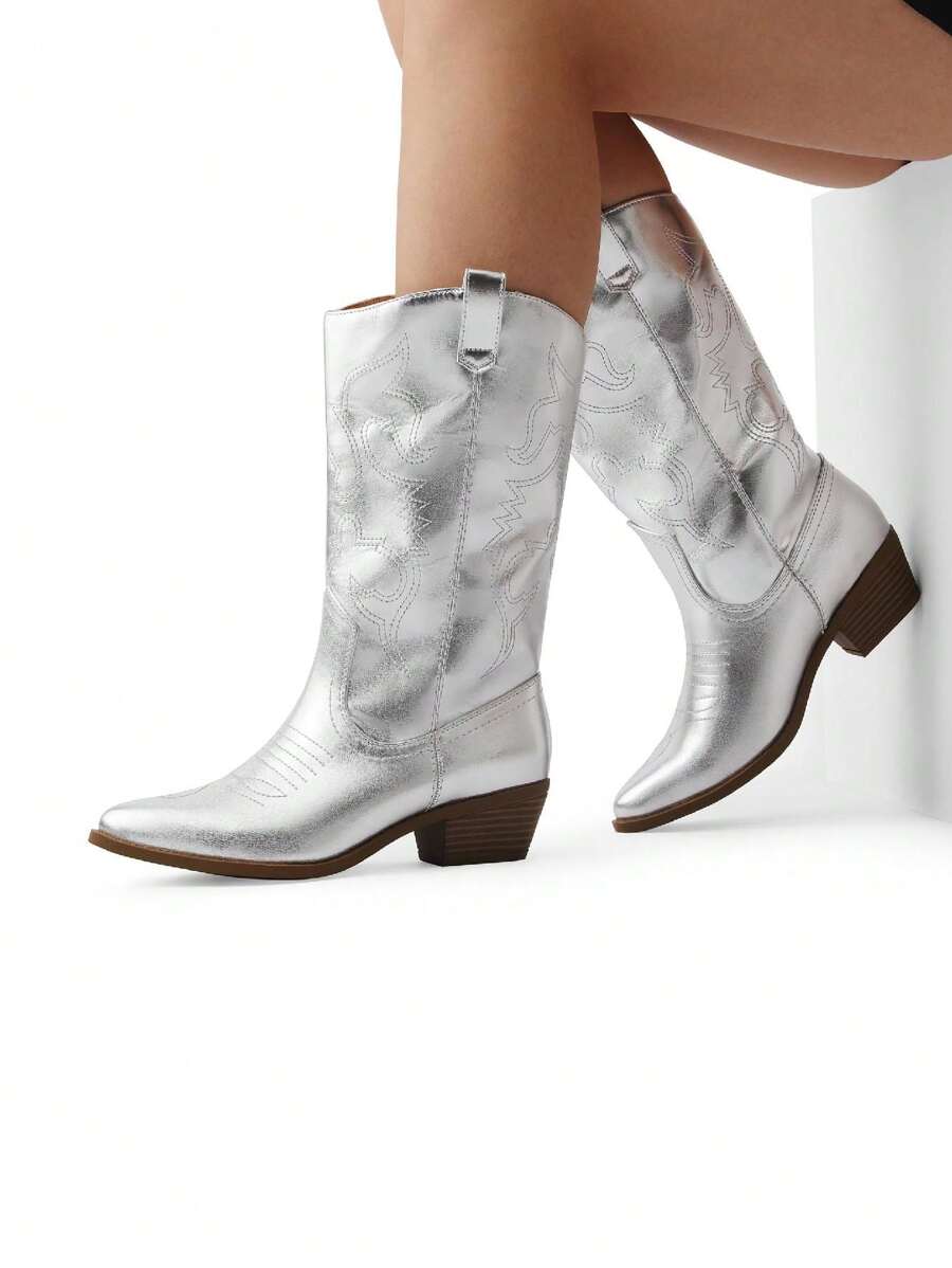 Women'S Cowboy Western Boots Pull On Cowgirl Boots Point Toe Embroidered Detail Chunky Heeled Mid Calf Boots Winter Christmas Valentine's Day Festive Black Boots - 銀色 - 查看 1