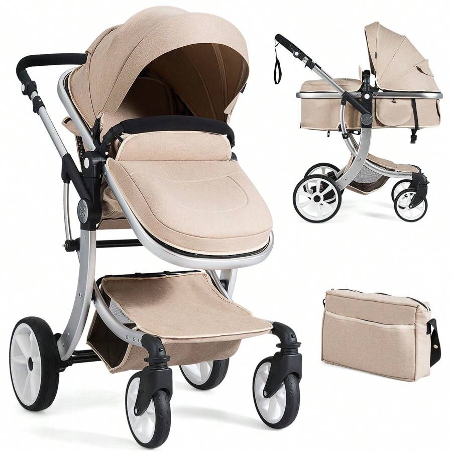 Baby Pushchair, Foldable Infant Stroller With Rain Cover, Mosquito Net, Carry Bag, Adjustable Backrest/Handle/Canopy, Convertible Buggy Pram For 0-3 Years - Beige - View 1
