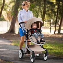 Baby Pushchair, Foldable Infant Stroller With Rain Cover, Mosquito Net, Carry Bag, Adjustable Backrest/Handle/Canopy, Convertible Buggy Pram For 0-3 Years - Beige - View 8