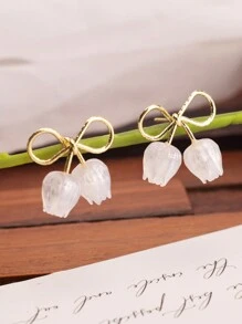 1對鬱金香和蝴蝶結設計的耳釘,新鮮花朵和中空蝴蝶結裝飾,女性早夏旅遊必備的珠寶飾品 - 鬱金香耳環 - 查看 1