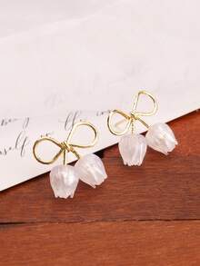 1對鬱金香和蝴蝶結設計的耳釘,新鮮花朵和中空蝴蝶結裝飾,女性早夏旅遊必備的珠寶飾品 - 鬱金香耳環 - 查看 4