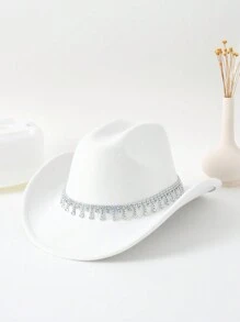 1pc Ladies' Solid Color Reflective & Colorful Rhinestone Decor Tassel Wide Brim Hat Suitable For Daily Wear, Music Festival, Dance Party, And Western Cowboy Theme Party Cowboy Hat Cowgirl Hat Halloween - Yiziding - View 2