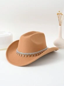 1pc Ladies' Solid Color Reflective & Colorful Rhinestone Decor Tassel Wide Brim Hat Suitable For Daily Wear, Music Festival, Dance Party, And Western Cowboy Theme Party Cowboy Hat Cowgirl Hat Halloween - Yiziding - View 5