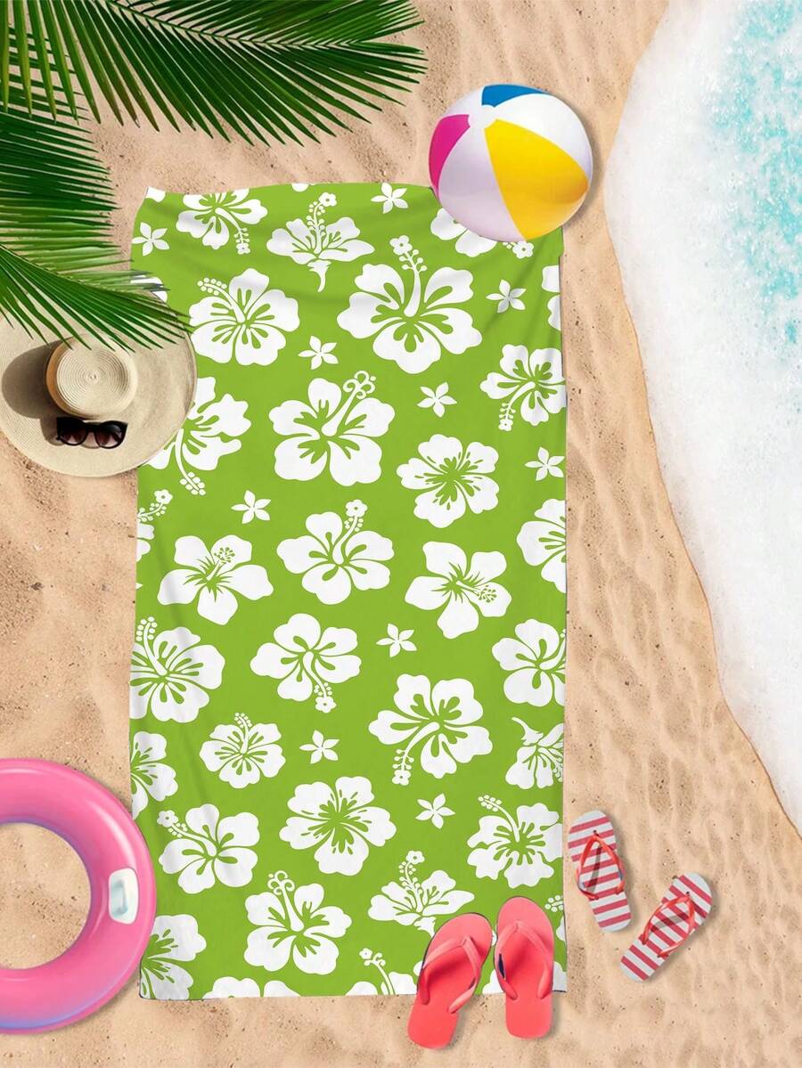 1條白色大紅花熱帶夏威夷圖案印花柔軟沙灘巾,適合游泳、露營和度假,非常適合瑜伽、潛水和旅行 - 彩色 - 查看 1